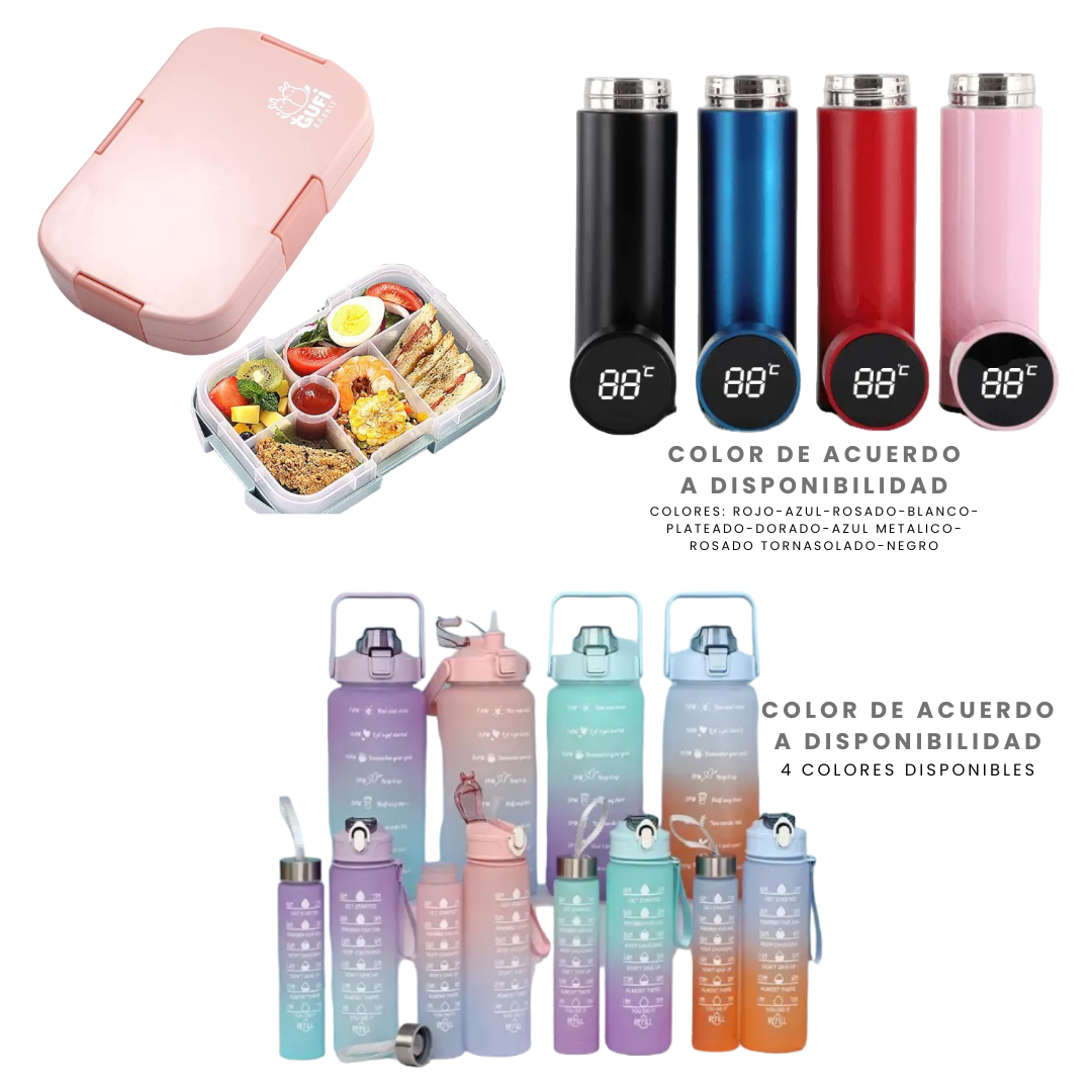 Pack Escolar Girls 13 - Lonchera Tipo Bento Rosado con Termo Digital de 500 Ml y Tomatodo Trio