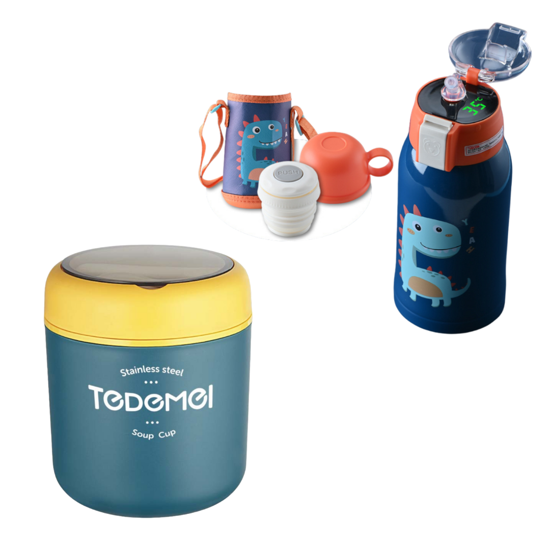 Pack Escolar Boys 2 - Táper Térmico Tedemel Azul con Termo Digital Kids Naranja - Azul