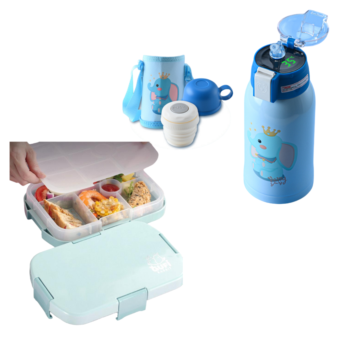 Pack Escolar Boys 3 - Lonchera Tipo Bento Celeste con Termo Digital Kids Azul - Celeste