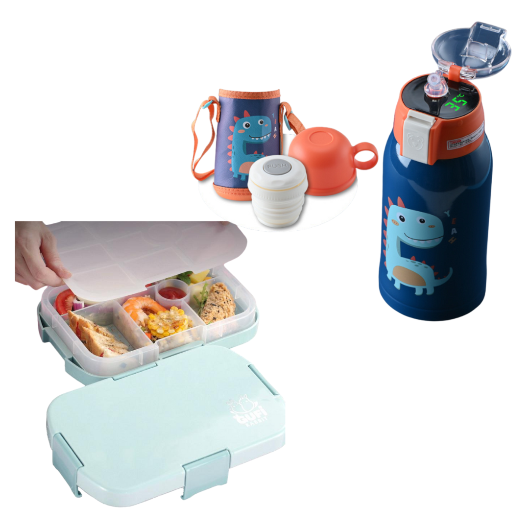Pack Escolar Boys 4 - Lonchera Tipo Bento Celeste con Termo Digital Kids Naranja - Azul