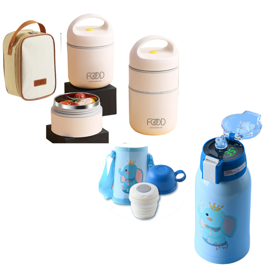 Pack Escolar Boys 5 - Táper Térmico Food Love Crema con Termo Digital Kids Azul - Celeste