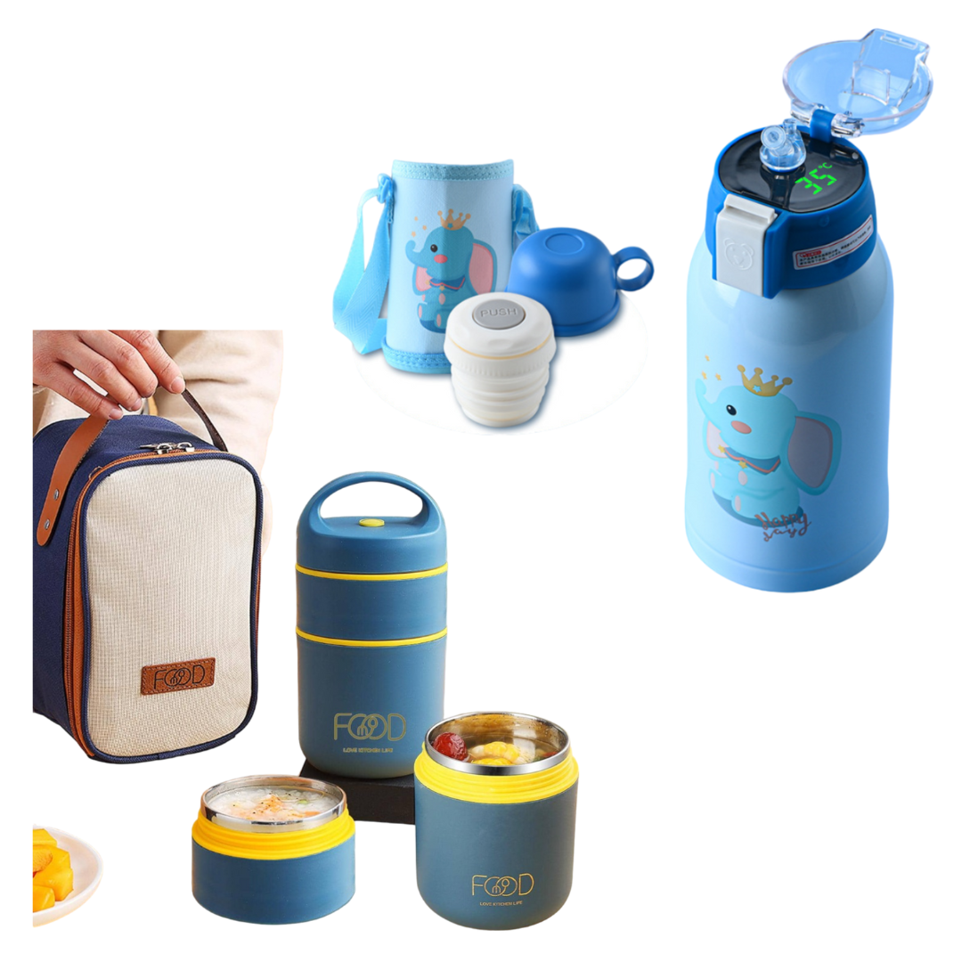 Pack Escolar Boys 7 - Táper Térmico Food Love Verde con Termo Digital Kids Azul - Celeste