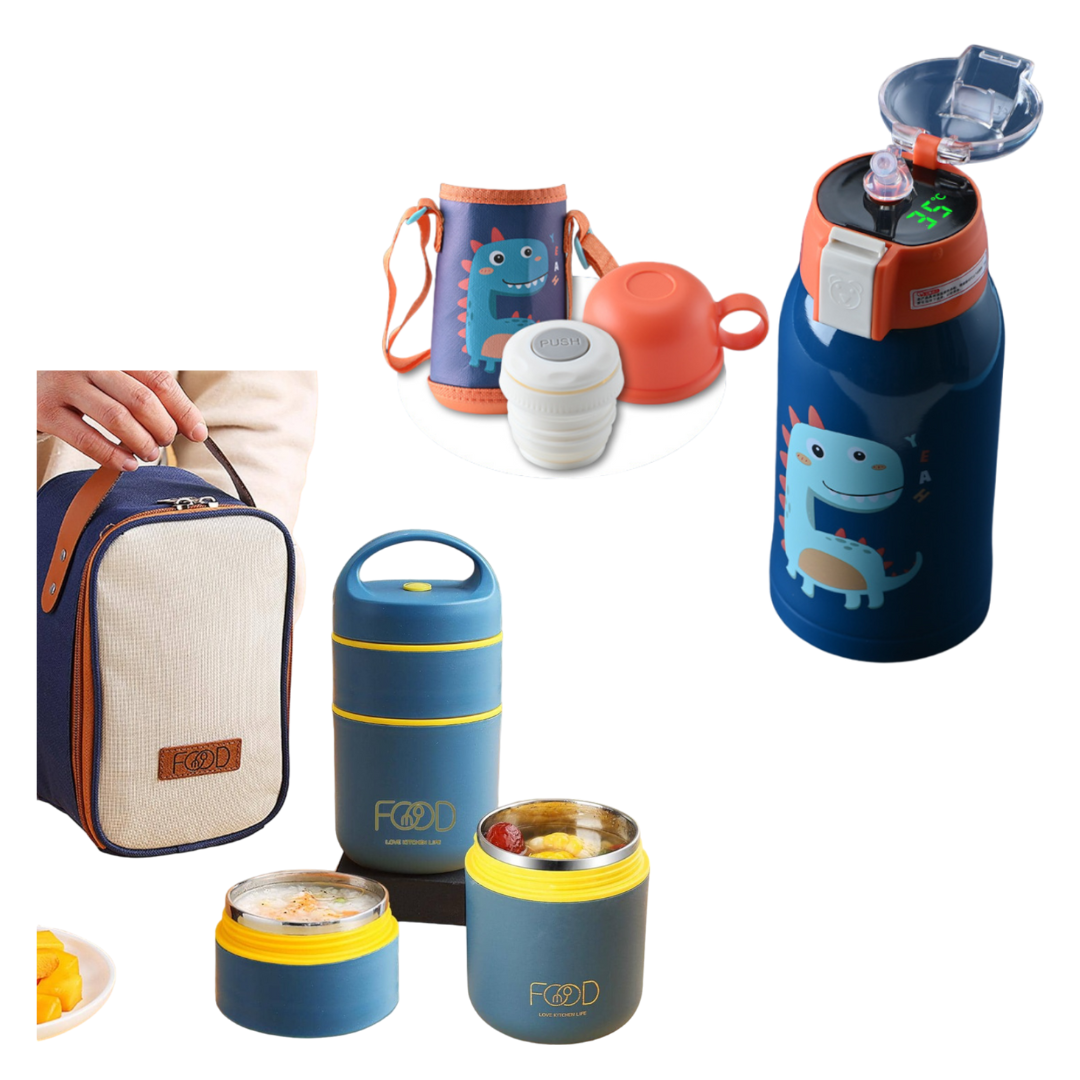 Pack Escolar Boys 8 - Táper Térmico Food Love Verde con Termo Digital Kids Naranja - Azul