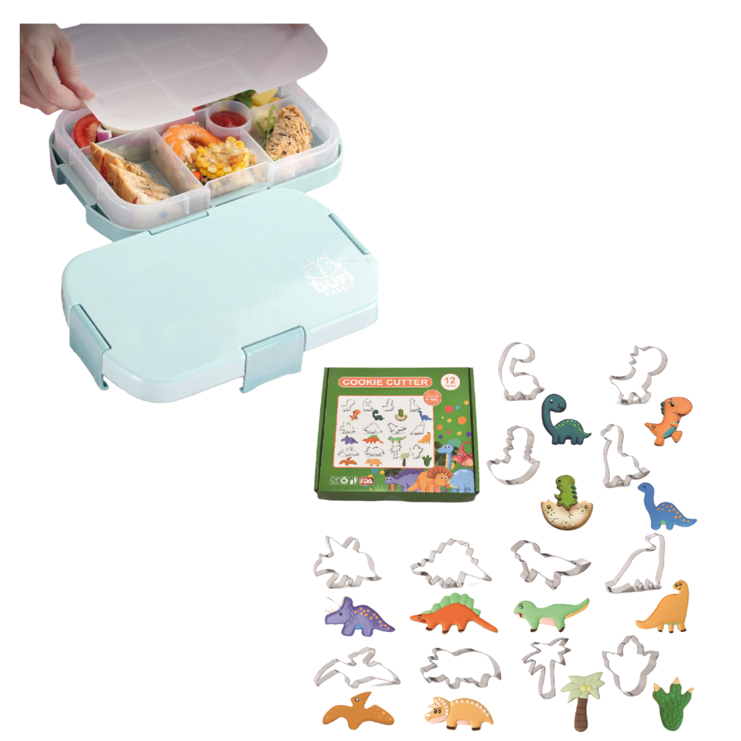 Pack Escolar Boys 9 - Lonchera Tipo Bento Celeste con Cortadores diseño dinosaurios