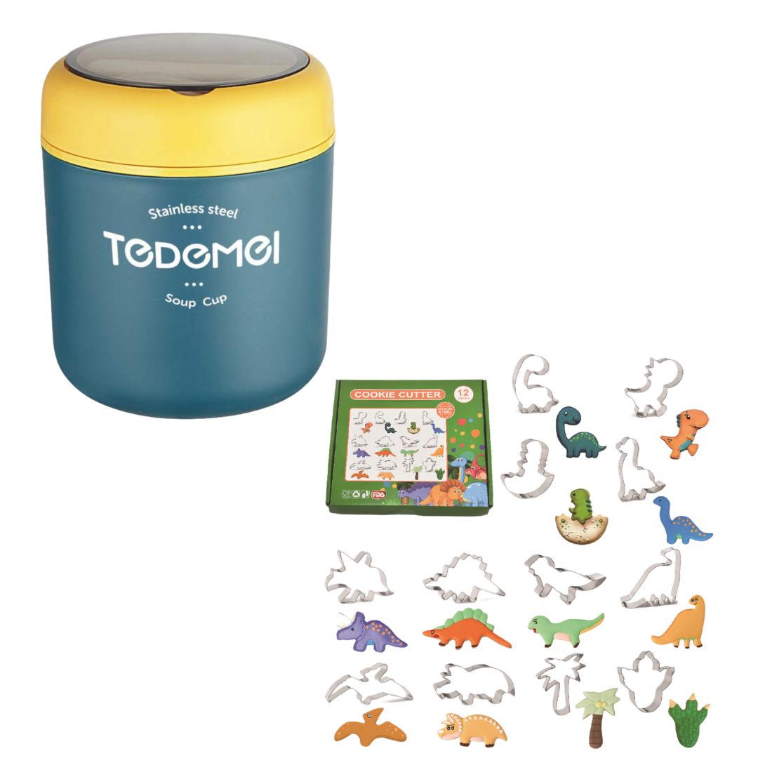 Pack Escolar Boys 10 - Táper Térmico Tedemel Azul con Cortadores diseño dinosaurios