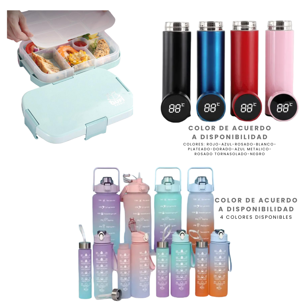 Pack Escolar Boys 11 - Lonchera Tipo Bento Celeste con Termo Digital de 500 Ml y Tomatodo Trio