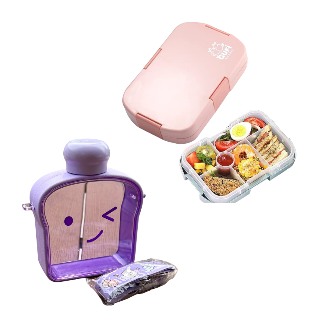Pack Escolar Girls 2 - Lonchera Tipo Bento Rosado con Tomatodo Tostada Morado