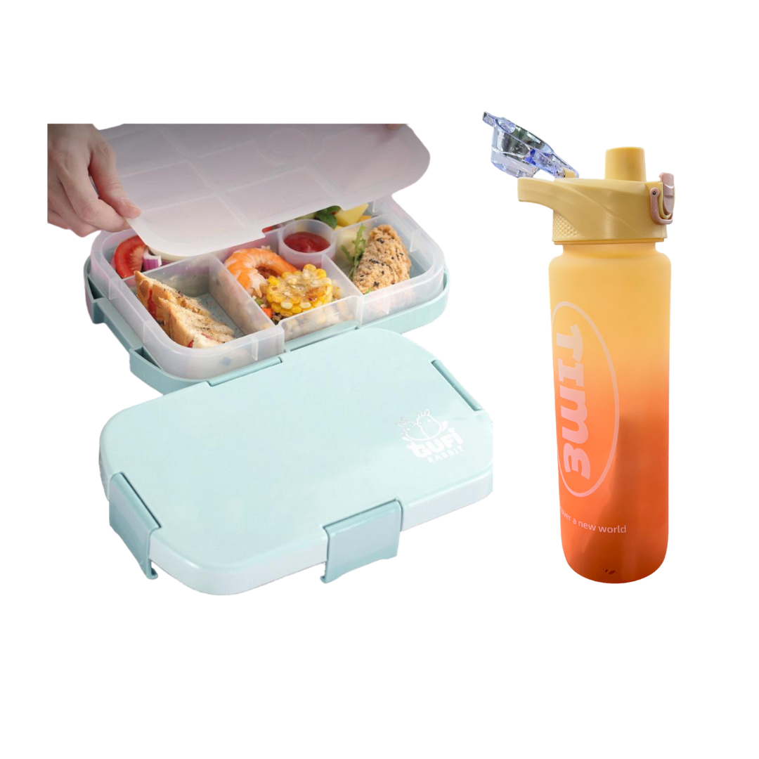 Pack Escolar Kids 2 - Lonchera Tipo Bento Celeste con Tomatodo Time 1Lt Naranja
