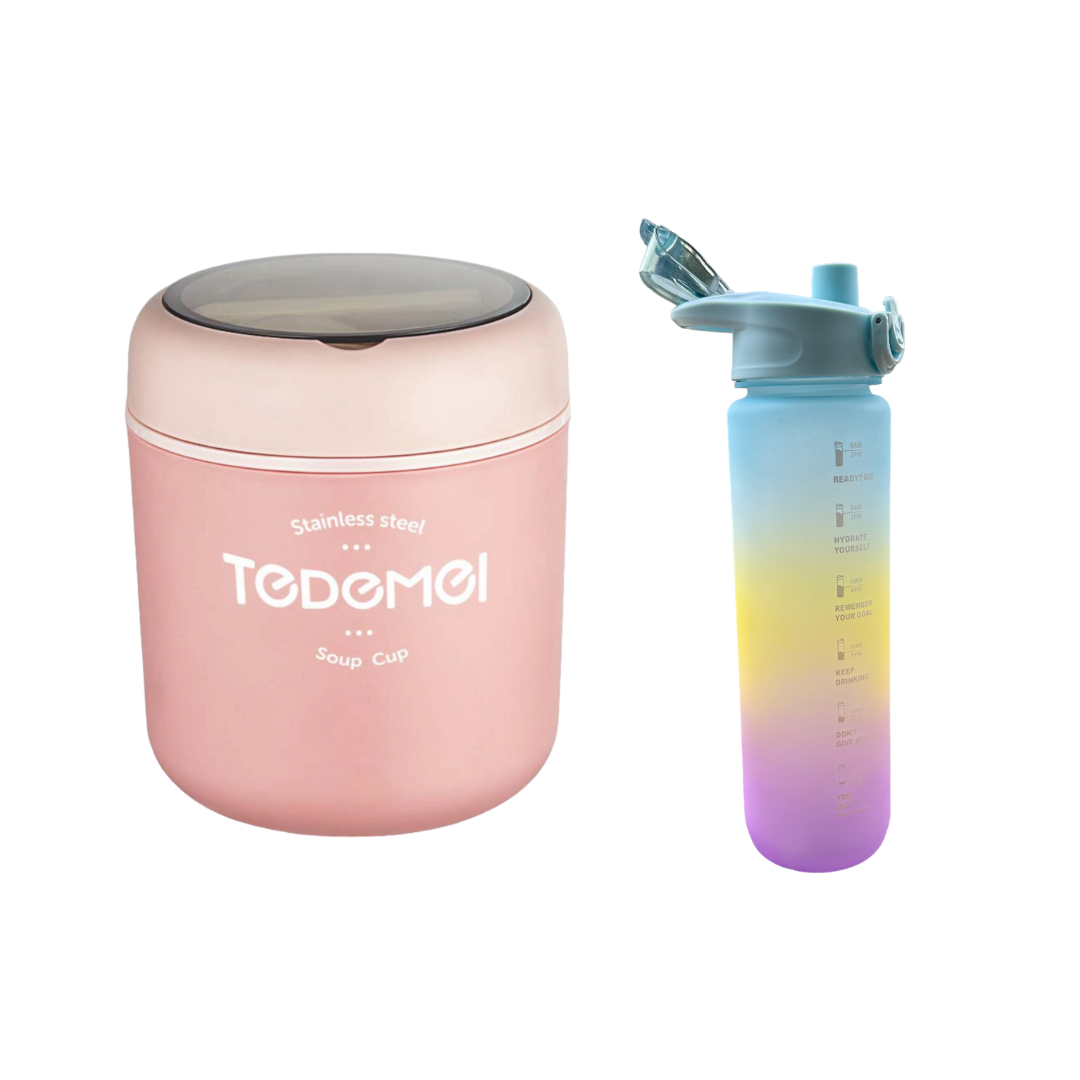 Pack Escolar Kids 4 - Táper Térmico Tedemel Rosado con Tomatodo Tricolor 1Lt