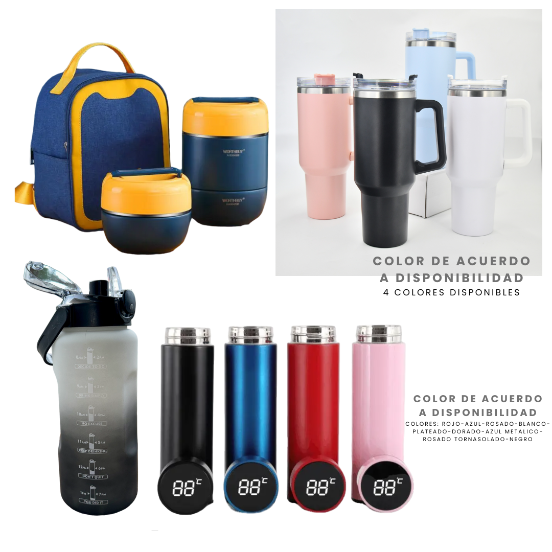 Pack Escolar Teens 2 - Táper Térmico 2 Niveles 1.5 Lt. con Vaso Stanley de 40 Oz mas Termo Digital de 500 Ml. y Tomatodo 2LT Negro