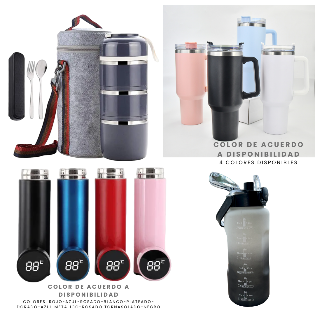 Pack Escolar Teens 3 - Táper Térmico 3 Niveles 1.25 Lt. con Vaso Stanley de 40 Oz mas Termo Digital de 500 Ml. y Tomatodo 2LT Negro