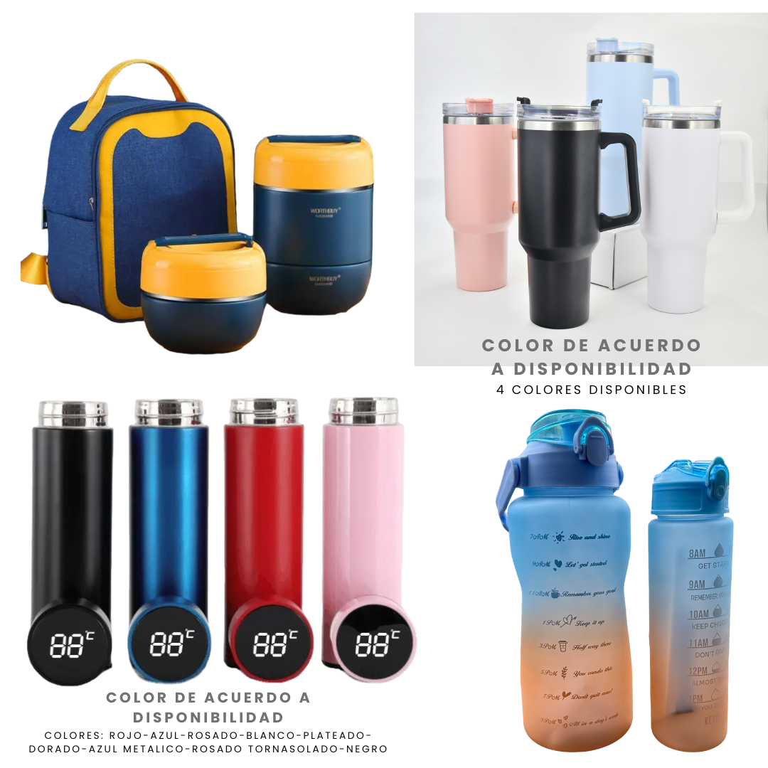 Pack Escolar Teens 4 - Táper Térmico 2 Niveles 1.5 Lt. con Vaso Stanley de 40 Oz mas Termo Digital de 500 Ml. y Tomatodo Dúo Celeste - Naranja