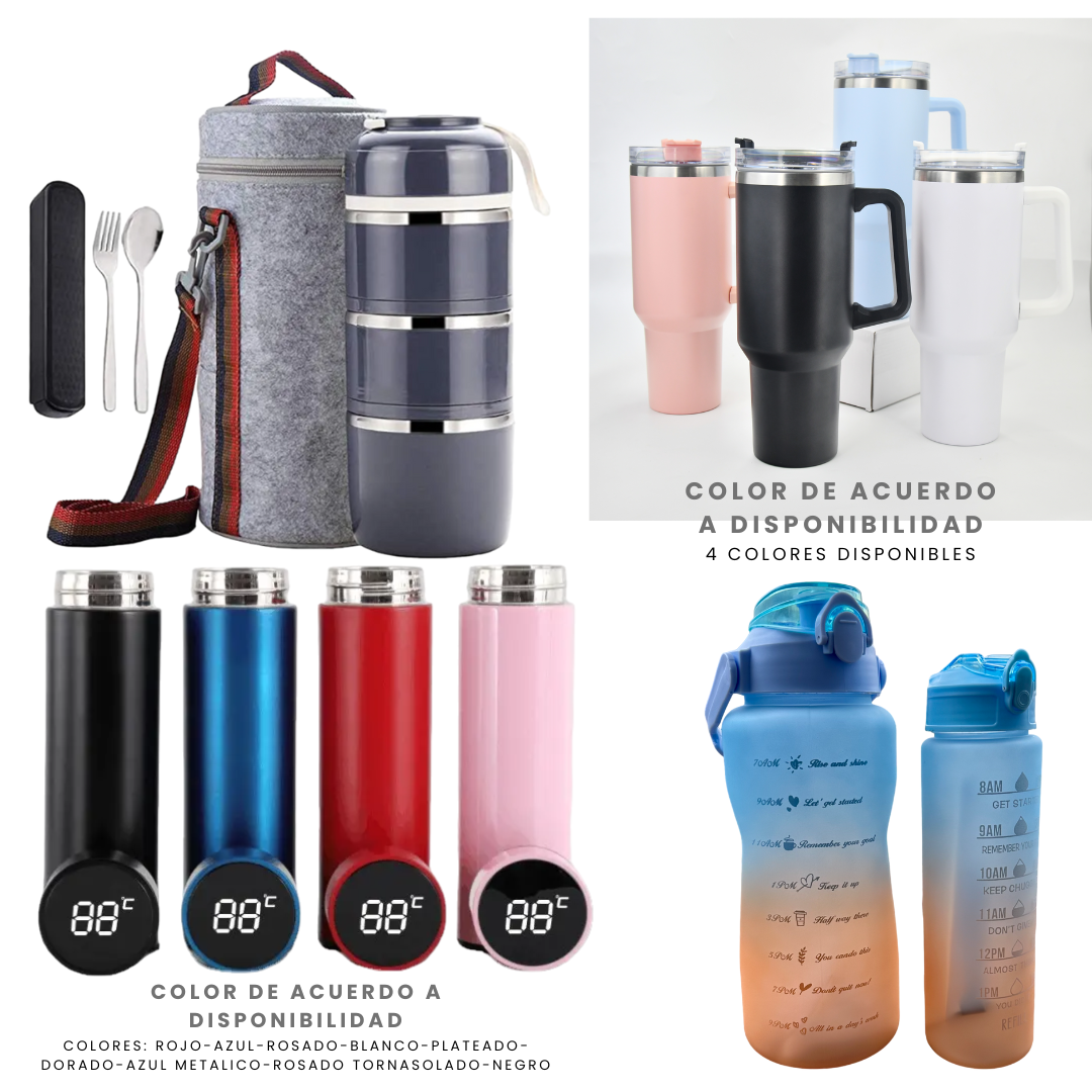 Pack Escolar Teens 5 - Táper Térmico 3 Niveles 1.25 Lt. con Vaso Stanley de 40 Oz mas Termo Digital de 500 Ml. y Tomatodo Dúo Celeste - Naranja