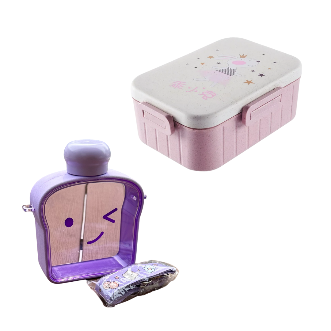 Pack Escolar Girls 3 - Táper Bambú Conejo Rosado con Tomatodo Tostada Morado