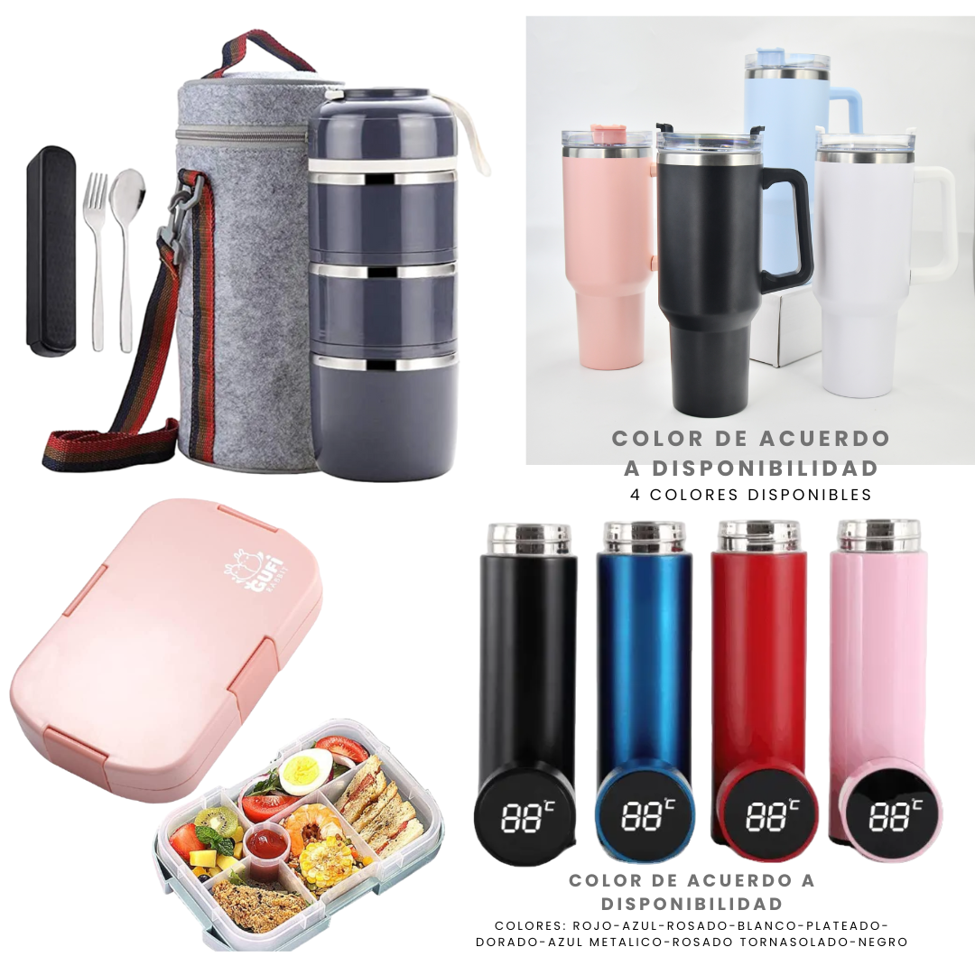 Pack Escolar Teens 6 - Táper Térmico 3 Niveles 1.25 Lt. con Vaso Stanley de 40 Oz mas Termo Digital de 500 Ml. y Lonchera Tipo Bento Rosado