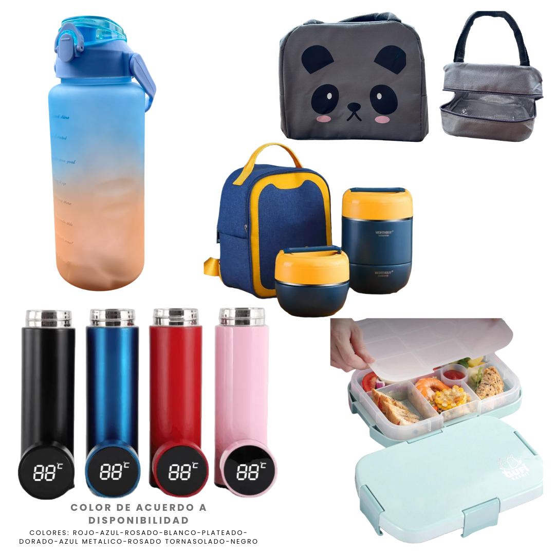 Pack Escolar Mega 1 - Táper Térmico 2 Niveles 1.5 Lt. con Termo Digital de 500 Ml. mas Lonchera Tipo Bento Celeste mas Bolsa Térmica Ploma y Tomatodo 2 Lt Celeste - Melón