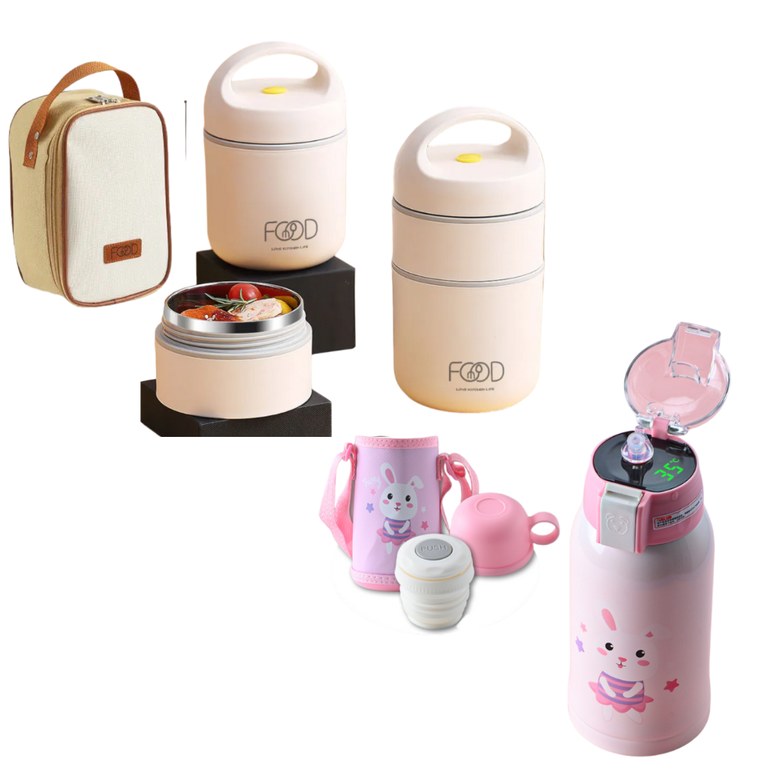 Pack Escolar Girls 9 - Táper Térmico Food Love Crema con Termo Digital Kids Fucsia - Rosado